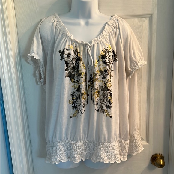 Lena Tops - Lena White Ruffled Short Sleeve Blouse with Black Embroidery